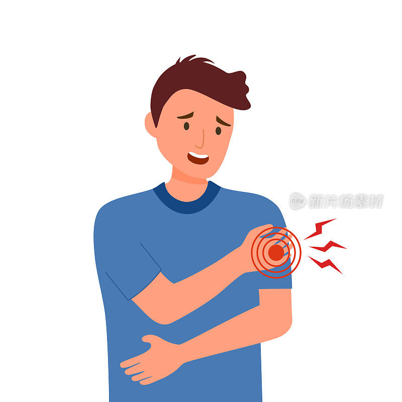 Young man having arm pain in flat design on white background. Physical injury. Muscle or bone problem.